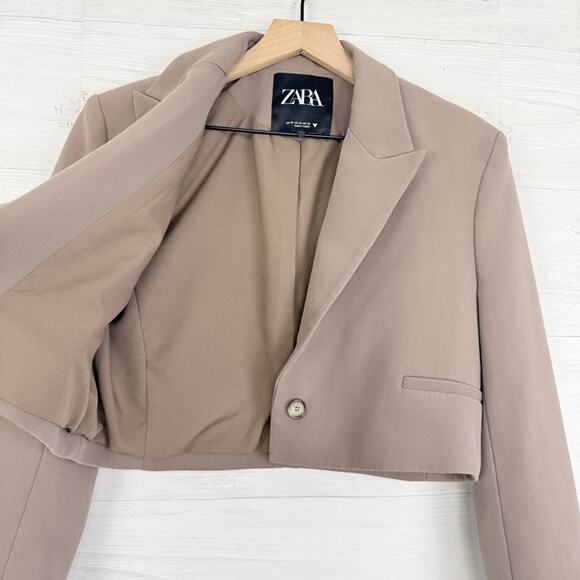 Zara Cropped Blazer Women XS Taupe Boxy Fit Preppy Academia Neutral Tailored - Picture 5 of 15